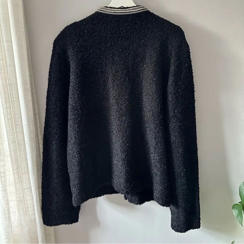 SELF-PORTRAIT Black Tape Knit Crystal-Embellished Bouclé Cardigan